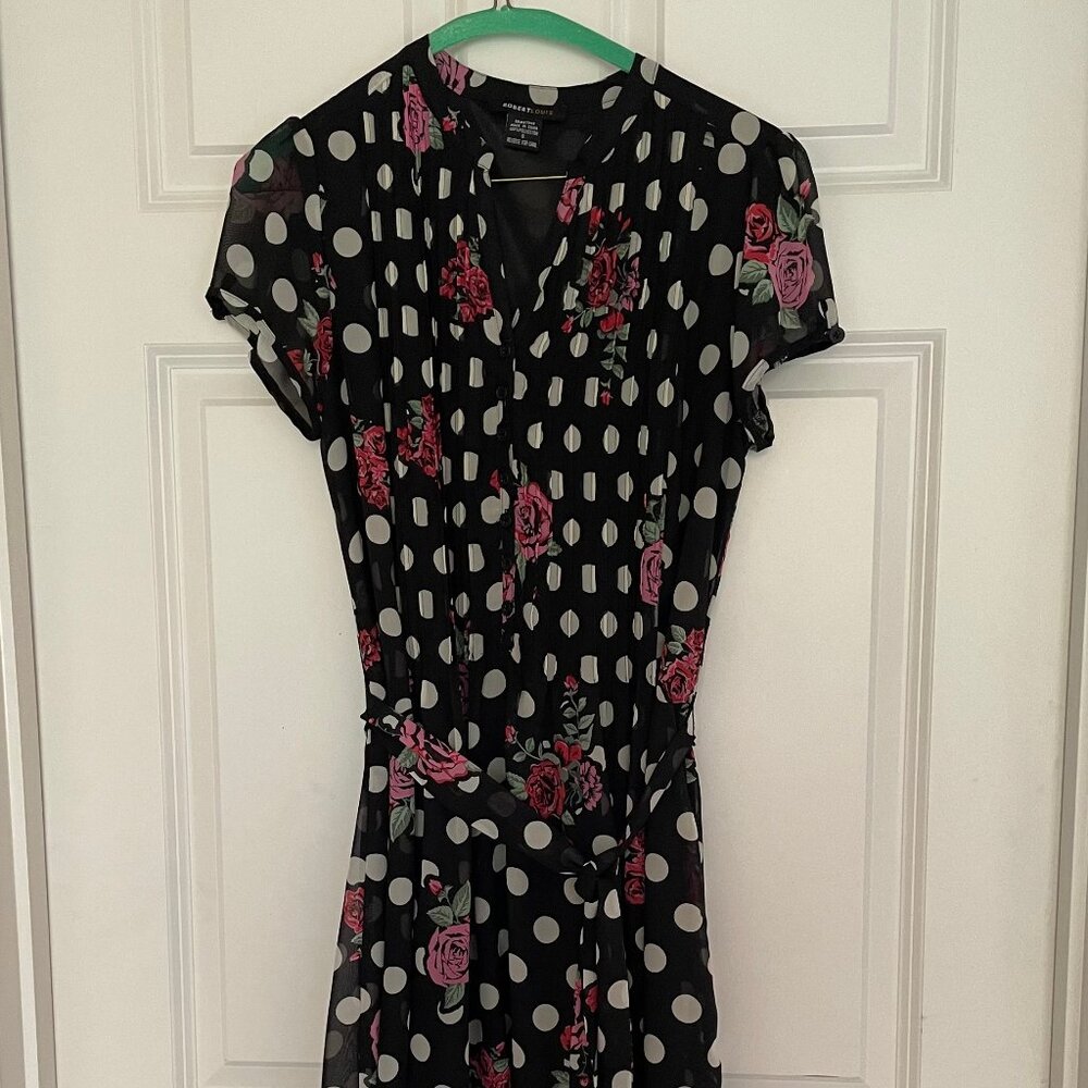 chiffon summer dress polka dot with pink rose pattern short sleeved- sweet